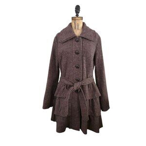 Cynthia Rowley 100% Wool Ruffle Hem Belted Coat Brown L
